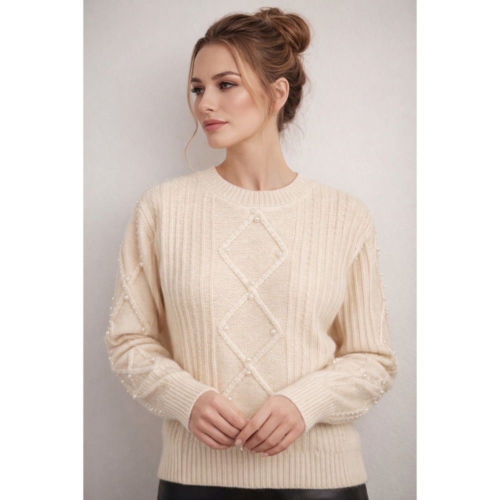 C by Bloomingdales 2‎ Ply Cashmere Sweater Womens XS Ivory Pearl Embellished